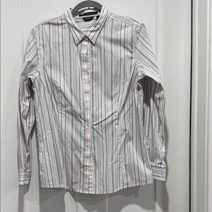 Eddie Bauer White Button-Down Shirt with Blue & Gray Stripes